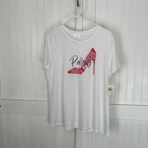 Retrology white T with red stiletto & fashion is my passion on front! Size XL